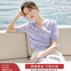 香影v領(lǐng)薄款針織衫女短袖2025夏裝新款藍色正肩t恤提花蝴蝶結上衣 紫色 M 160/84A/95-110斤