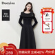 朵以2025秋季新款赫本風(fēng)一字領(lǐng)拼接毛織中長(cháng)款連衣裙修身小黑裙  黑色 M