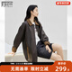 對白（DUIBAI）復古燈芯絨拼接皮衣外套女2026春新款高級感寬松翻領(lǐng)夾克上衣 古銅棕 M