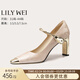 Lily Wei新中式國風(fēng)緞面高跟鞋小碼絕美包頭粗跟單鞋配旗袍純欲不累腳 香檳粉【跟高7.5cm】 36