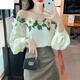 皮爾卡丹（pierre cardin）一字肩上衣法式露鎖骨襯衫女春裝刺繡花朵洋氣小衫小眾設計感 杏色 M