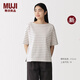 MUJI 女式 雙股天竺編織 一字領(lǐng)短袖T恤 女款26年春夏新品 BB2ULA6S 淺灰色條紋 XL （165/92A）