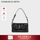 CHARLES&KEITH褶皺油蠟皮斜挎小方包手提包腋下包女士新年生日禮物CK2-80160183 Noir黑色 S