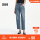 森馬（Semir）森柔|牛仔褲女夏季半松緊腰做舊長(cháng)褲女生基礎錐形褲103325124004