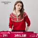 科蒙博卡2025秋冬新款費爾島羊毛衫女裝復古提花針織衫寬松外穿毛衣 喜慶紅 XL