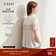 AMII女裝2025極簡(jiǎn)夏季絲光棉釘珠繡拼接薄透網(wǎng)紗短袖寬松微彈 米白 S 155/80A