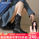 達芙妮美拉德堆堆靴女2025秋季新款厚底褶皺棕色短靴子西部中筒靴馬丁靴 黑色 38
