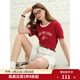 獨束大碼女裝 復古撞色美式寬松顯瘦T恤圓領(lǐng)短袖上衣設計感小眾 復古紅 XL （尺碼：3）