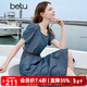 百圖betu女裝2025夏季新款短袖連衣裙泡泡袖撞色皮腰帶牛仔裙2505T76 深牛仔藍 M
