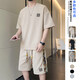 袋鼠（DAISHU）華夫格運動(dòng)套裝男2026新款夏季男士大碼短袖短褲冰絲重磅休閑一套 T02 米白 【上衣+短褲】 XL -/【135-155斤】