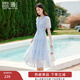 香影天藍色v領(lǐng)泡泡袖連衣裙女2025夏裝新款收腰絕美海邊碎花裙子 藍色 M 160/84A/95-110斤