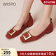 百思圖（BASTO）【絲絨玫瑰】26春新款方扣紅色單鞋高跟粗跟淺口女平底婚鞋 紅色（2.5cm絨面款） 37