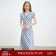 自巧小個(gè)子藍色斜裁格子連衣裙女2025夏季新款法式短袖中長(cháng)裙子 藍白格 S （3碼）