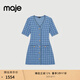 Maje2025秋冬女裝法式時(shí)尚花呢藍色單排扣開(kāi)合門(mén)襟V領(lǐng)收腰連衣裙 藍色 S