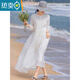 夏典素訂女王（SE.PSTP）雙層亞麻白色連衣裙女2025法式感海邊度假飄逸大擺沙灘裙子女 白色雙層  L 【建議105-125斤】