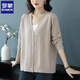 羅蒙（ROMON）中年媽媽針織衫開(kāi)衫女寬松加大碼休閑純色針織衫春秋外搭毛衣外套 米駝 M (建議92-107斤）