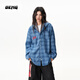 OEMG 美式復古格紋刺繡連帽長(cháng)袖襯衫女男春秋季寬松百搭情侶上衣外套 藍色 【高品質(zhì)】 M [建議85-105斤]