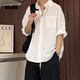 OEMG夏季新款冰絲純白襯衫男七分袖潮流牌痞帥襯衣服寬松休閑情侶外套 白色 XL [建議125-140斤]