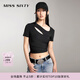 MISS SIXTY短袖T恤女性感鏤空設計不規則抽褶系帶正肩短款上衣 黑色 M
