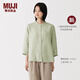 MUJI 女式漢麻水洗七分袖罩衫女士襯衫襯衣內搭女裝春季新品 BC2RBA6S 淺綠色條紋 S (155/80A)