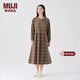 MUJI女式法蘭絨抽褶連衣裙女裝長(cháng)袖打底裙子純棉秋冬季BC08CC4A 淺米色格紋 M (160/84A)