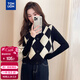 唐獅（TonLion）2025秋冬女復古菱格V領(lǐng)開(kāi)衫馬甲