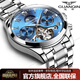 冠琴（GUANQIN）手表男機械表全自動(dòng)鏤空飛輪瑞士品質(zhì)防水夜光皮帶男士雙日歷手表 銀色藍面