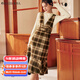 Olrain歐芮兒法式格子背帶連衣裙女秋冬年收腰復古背心裙 咖格 S