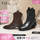 他她（TATA）女鞋靴子秋冬時(shí)裝靴粗跟復古西部靴彈力短靴 黑色 38