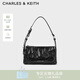 CHARLES&KEITH褶皺油蠟皮斜挎小方包手提包腋下包女士生日禮物CK2-80160183 Noir黑色 S