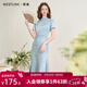 西遇新中式改良旗袍長(cháng)裙女2025年春季新款提花盤(pán)扣收腰短袖連衣裙 藍色 L (165)
