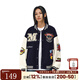 404MOBGANG 美式復古重工刺繡棒球服外套男女款潮P(pán)U皮拼接休閑寬松夾克上衣 深藍色 2XL