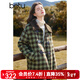百圖betu女裝冬季新款棉衣翻領(lǐng)仿羊羔毛拼接雙色格子外套2411D02 綠色格 M
