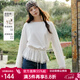 Olrain歐芮兒設計感抽繩蕾絲拼接長(cháng)袖T恤女裝春季2026新款溫柔顯瘦上衣 米白色 M