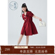 紫涵翻領(lǐng)A字連衣裙夏季泡泡袖撞色抽褶娃娃裙中長(cháng)裙甜美 復古紅 M