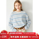ELLE KIDS春季新款女童圓領(lǐng)復古藍白條紋全棉休閑打底衫寬松長(cháng)袖T恤上衣