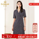 喬萬(wàn)尼v領(lǐng)修身收腰印花碎花連衣裙夏季新款中長(cháng)裙子女裝新款 藍色 XL