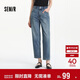 森馬（Semir）森柔|牛仔褲女夏季半松緊腰做舊長(cháng)褲女生基礎錐形褲103325124004