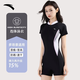 安踏泳衣女款新款連體游泳衣短袖顯瘦保守專(zhuān)業(yè)競速泳裝沖黑白L