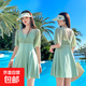 大碼泳衣女韓版連體平角夏季度假游泳衣遮肚顯瘦保守裙式溫泉泳裝 淺綠色 L 【建議95-125斤】