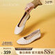 哈森夏季圓頭粗跟奶奶鞋舒適一腳蹬單鞋簡(jiǎn)約百搭女鞋HWM240116 米白色 38
