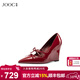 玖詩(shī)（JOOC）JOOC玖詩(shī)法式氣質(zhì)尖頭蝴蝶結單鞋女2025夏季新款酒紅色高跟鞋7984 波爾多酒紅 34