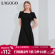 LAGOGO法式方領(lǐng)收腰連衣裙女拉谷谷夏季新款黑色泡泡袖高級感裙子 黑色(W1) S