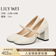 Lily Wei圓頭法式粗跟單鞋珍珠瑪麗珍小碼女鞋配旗袍高跟鞋情人節禮物 米色【跟高7cm】 37