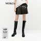 MO&Co.春新品復古油蠟素皮高腰A字工字褶半身裙短裙