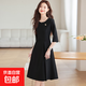 藏藍色簡(jiǎn)約顯瘦中長(cháng)款優(yōu)雅七分袖教師o(wú)l職業(yè)上班通勤秋裝連衣裙 黑色（單件連衣裙） 2XL