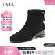 他她（TATA）加絨靴子女鞋秋冬羊皮休閑百搭增高粗跟彈力短靴 黑色（單里） 35