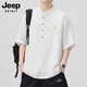 JEEP SPIRIT吉普亞麻短袖T恤男士夏季日系復古新中式半袖襯衣男裝 白色 2XL