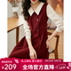 熙世界千金風(fēng)假兩件連衣裙女秋冬款高級感磨絨收腰紅色裙子 酒紅色 2XL