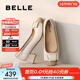 百麗（Belle）舒適優(yōu)雅單鞋女蝴蝶結牛皮方跟鞋D3S1DAQ5 米白 38